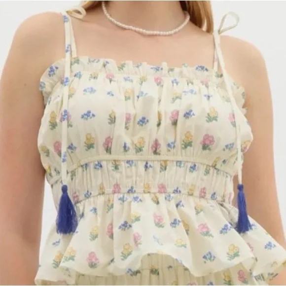 Entro Floral Smock Tank Top with Tassel Tie Straps and Elastic Waist NWOT Size M - Picture 8 of 9